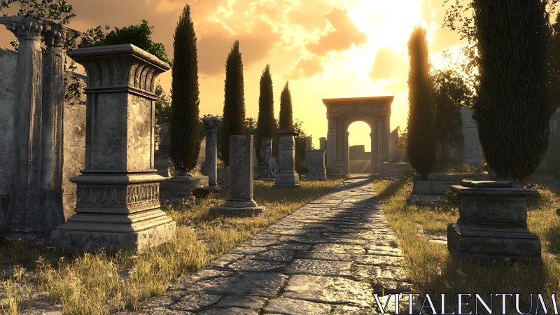 Sunlit stone pathway through digital Roman-style ruins
