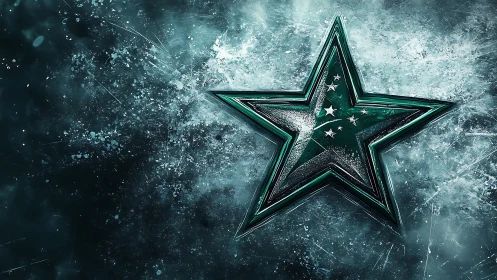 Emerald metallic star explodes across icy textured field