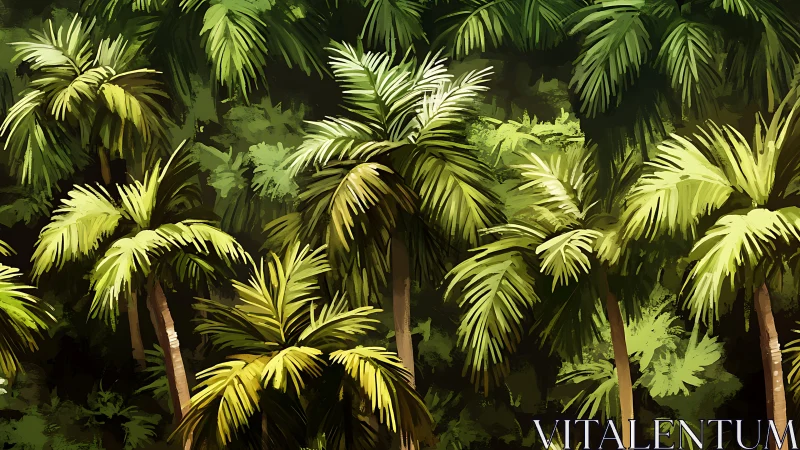 Gentle jungle palms swaying in layered tropical greens.