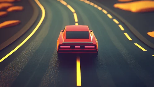 Red sports car on glowing highway in stylized sunset scene.