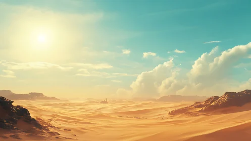 Sunlit desert dunes stretch toward distant rocky horizon