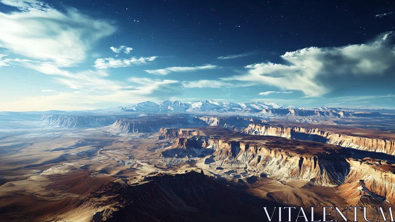 Vast eroded canyon plateau stretches toward distant snowy peaks