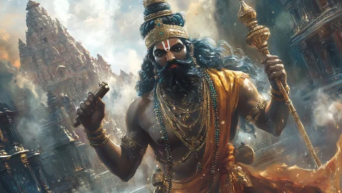 Regal warrior deity before ornate ancient temples.