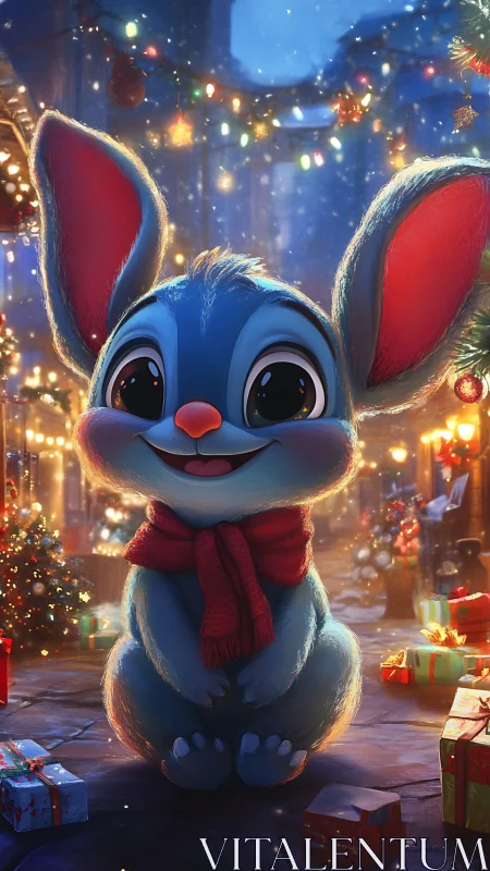Blue cartoon bunny in festive winter street scene.