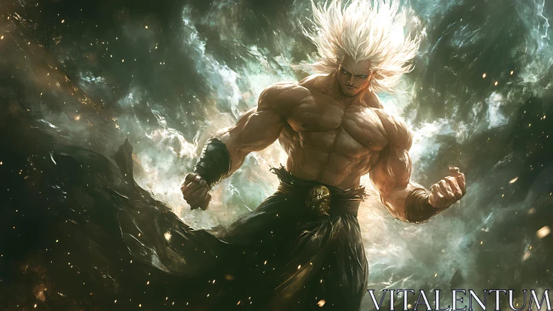 Muscular white-haired figure stands amid swirling energy clouds