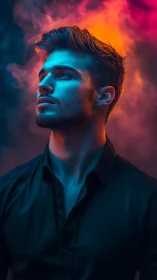 Moody neon portrait captures a man in vivid colored smoke