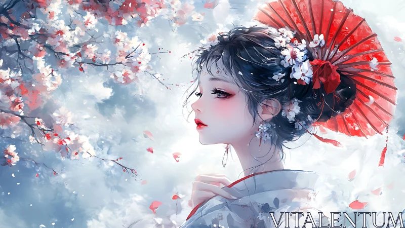 Soft spring daydream with blossom girl and red parasol.