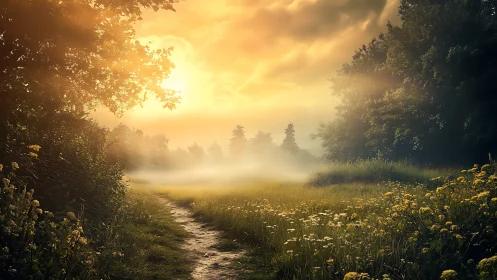 Sunlit rural path extends through misty meadow toward trees