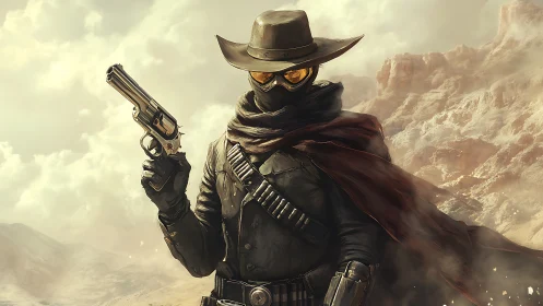 Masked gunslinger stalks sunlit desert canyon in dust storm.