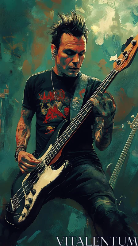 Electric bass player in stylized concert portrait painting.