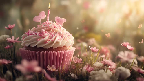 Pink Birthday Cupcake Surrounded by Blooming Flowers