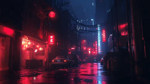 Rain soaked neon alley with cars in dense night city.