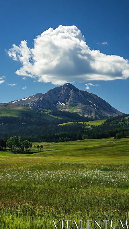 Cloud-crowned mountain watching over a sunlit green kingdom.