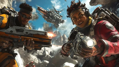 Cinematic sci-fi firefight with armored dual protagonists in focus.