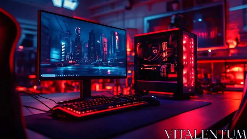 RGB gaming PC workstation glows in neon red studio light.