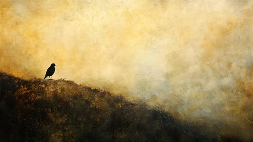 Solitary crow stands against a vast golden sky at dusk.