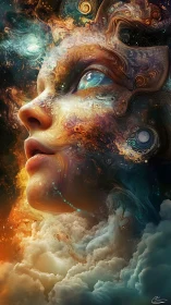 Celestial visage emerging from swirling cosmic nebulae.