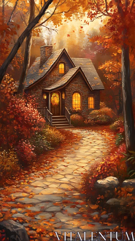 Stone cottage in dense autumn forest with lit windows.