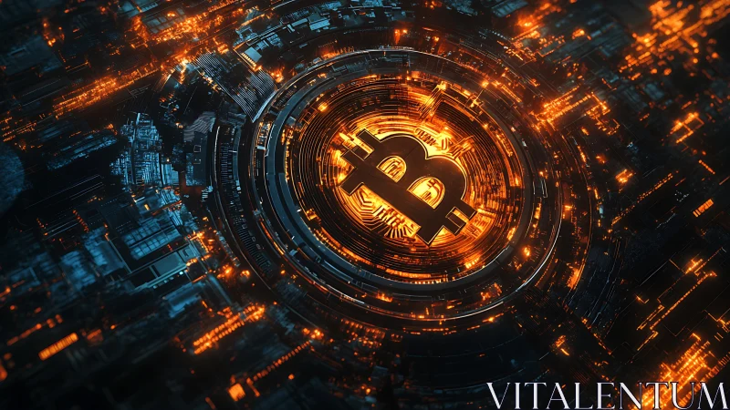 Glowing bitcoin symbol shining in a digital city of light.