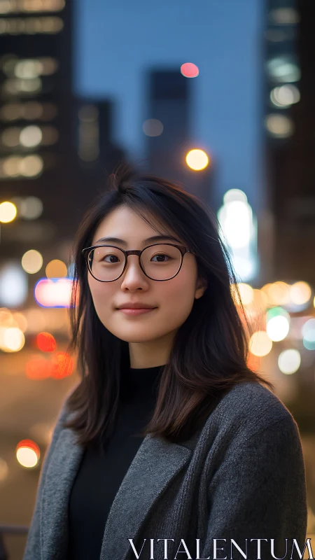 City evening portrait of young woman in soft bokeh glow.