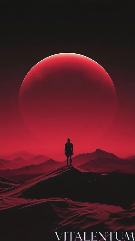 Silhouetted explorer beneath crimson planetary horizon.