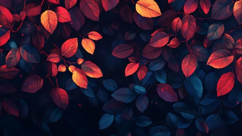 Crimson leaves whisper quietly across a midnight blue forest