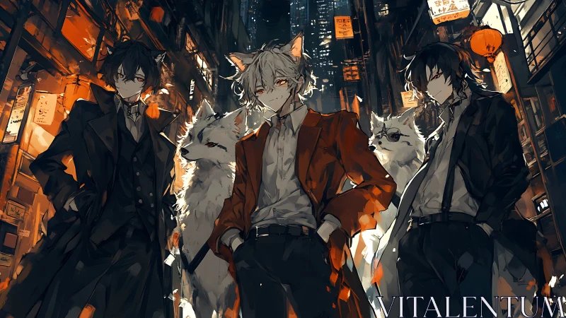 Fox-eared night syndicate strolls neon alleys with ghost hounds.