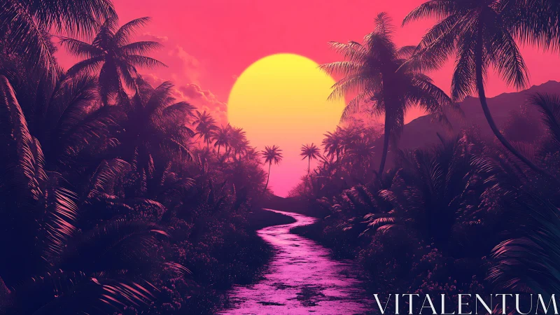 Neon tropical sunset river with symmetrical palm canopy design.