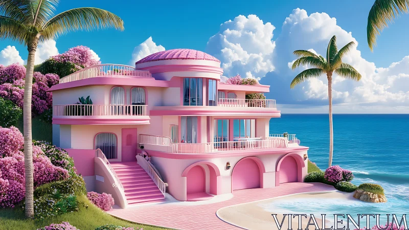 Cotton candy villa lounges by a turquoise dream sea