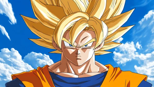 Solar-haired warrior locked in sky-bright resolve.