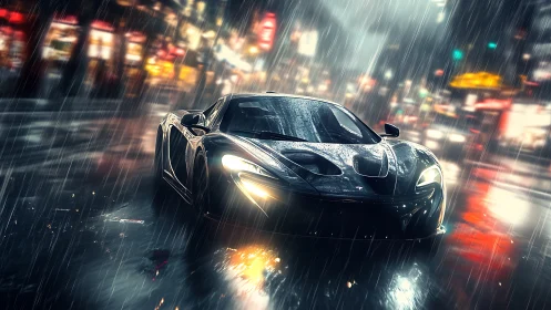 Midnight hypercar slicing through neon city rainstorm.