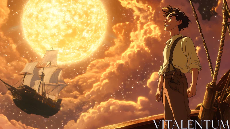 Young dreamer gazes at golden sun above a sky-sailing ship