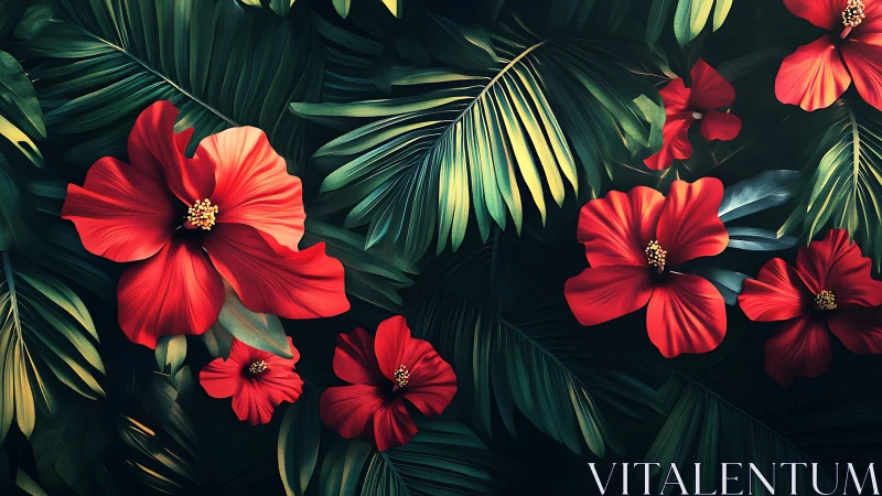 Crimson Hibiscus Blooms Against Verdant Palm Fronds.