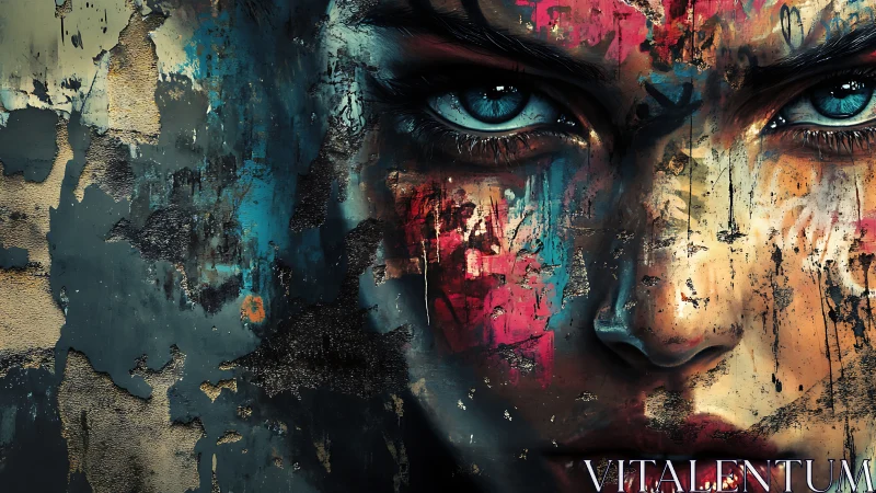 Graffiti-eyed warrior staring through crumbling color storms.