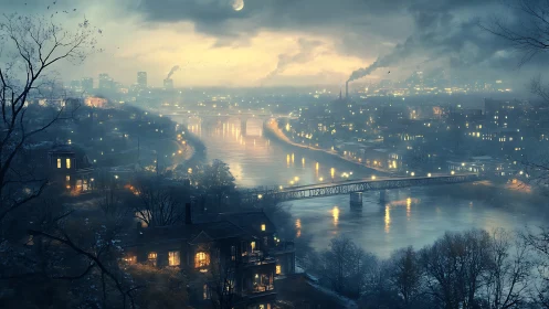 Digital painting nocturne of industrial river cityscape panorama.