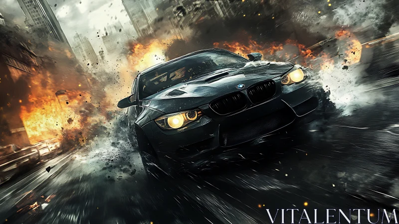 Midnight street racer slicing through fire and stormy chaos.