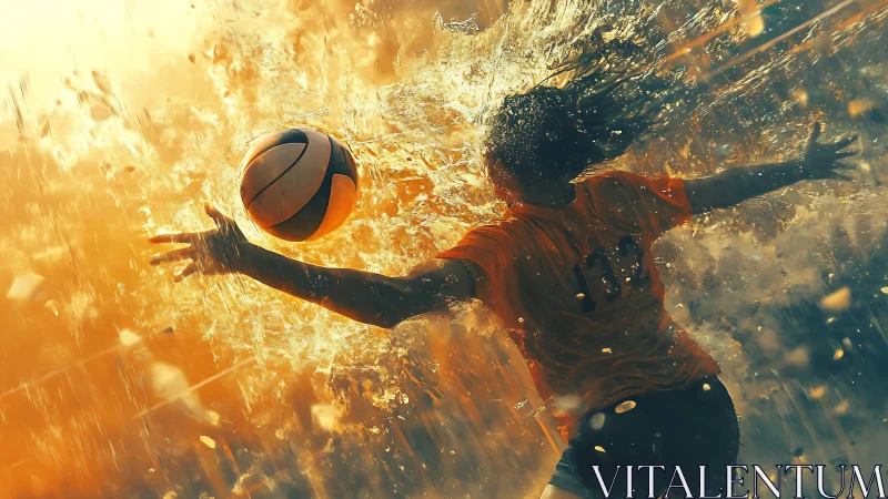 Volleyball player meets exploding splash under warm backlight