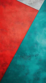 Diagonal teal and red textured geometric wall artwork.