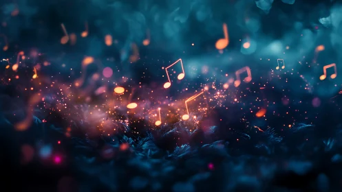Glowing musical notes drift through dark blue abstract haze
