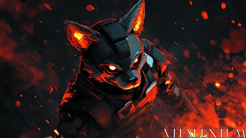 Cybernetic fox warrior in molten ember-lit battle stance.