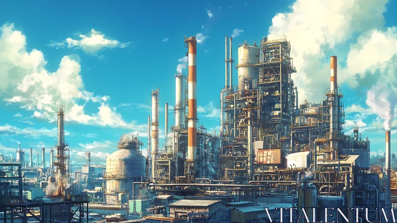 Steel chimneys converse with clouds above a dreamy refinery