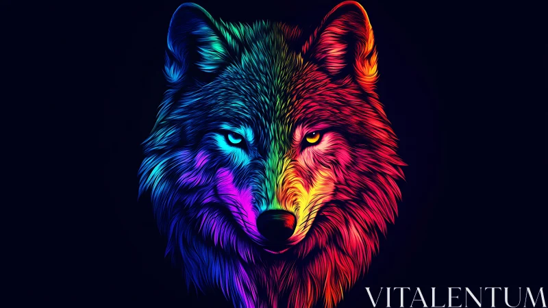 Neon wolf portrait split by vibrant dual color spectrum.
