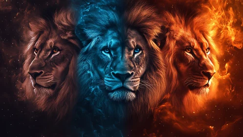 Four Lion Heads Rendered in Elemental Fire and Ice.