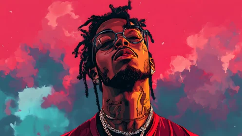 Stylized male portrait with clouds in high contrast colors.