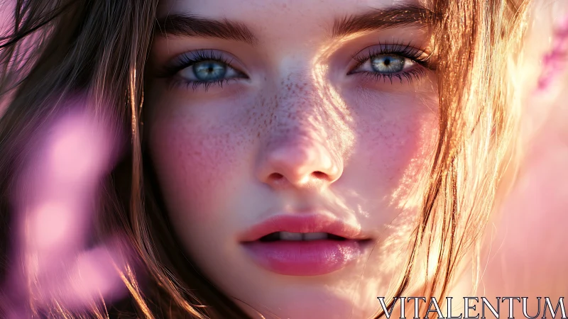 Sunlit close-up portrait with delicate freckles and blooms.