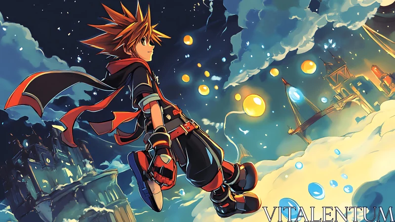 Skybound anime hero strides through glowing dream city.