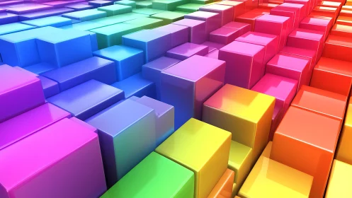 Chrome rainbow cubes form glossy stepped geometric landscape