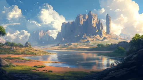 Sunlit desert mesas rise above reflective river basin