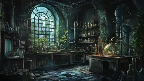 Overgrown alchemy lab with glassware and large window.