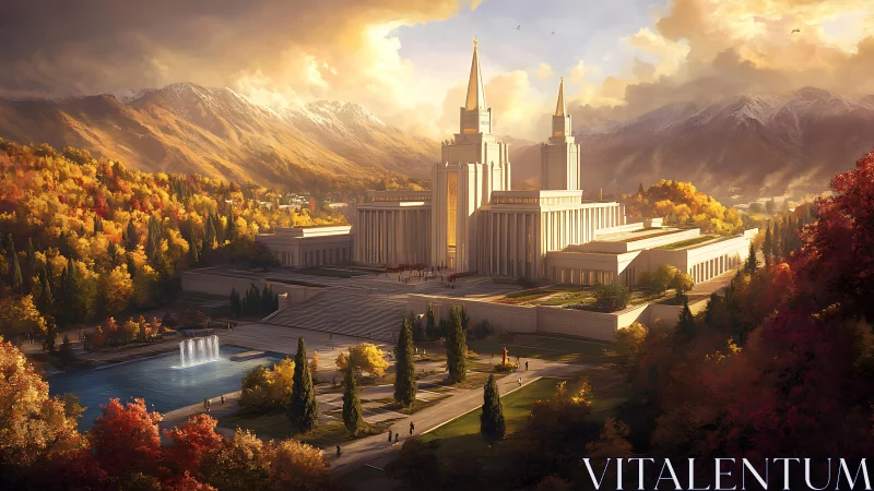 Grand temple complex glows amid golden autumn mountains.